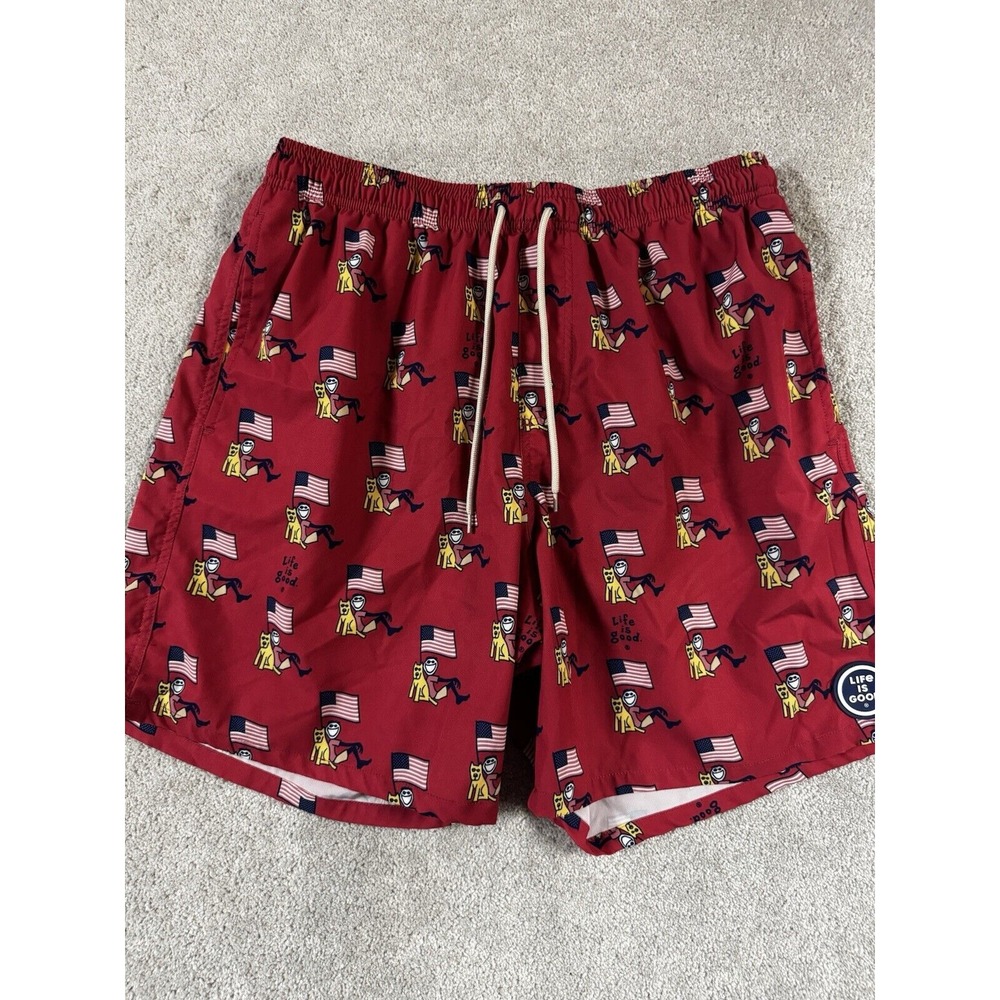 Life Is Good Men's Swim Shorts Trunks Red L USA Flag/Dog Drawstring Surfer‎